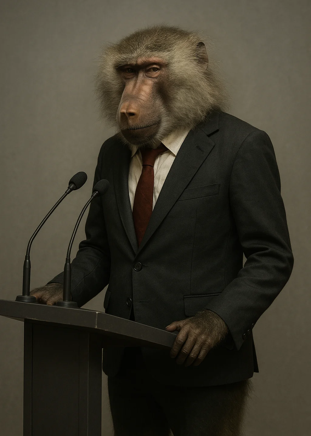 Benjamin Netanyape, an elderly baboon in a dark suit and red tie, standing at a lectern behind two microphones with a half-lidded, unimpressed expression.